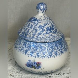 Vintage Blue & White Spongeware Sugar Bowl w/ Lid